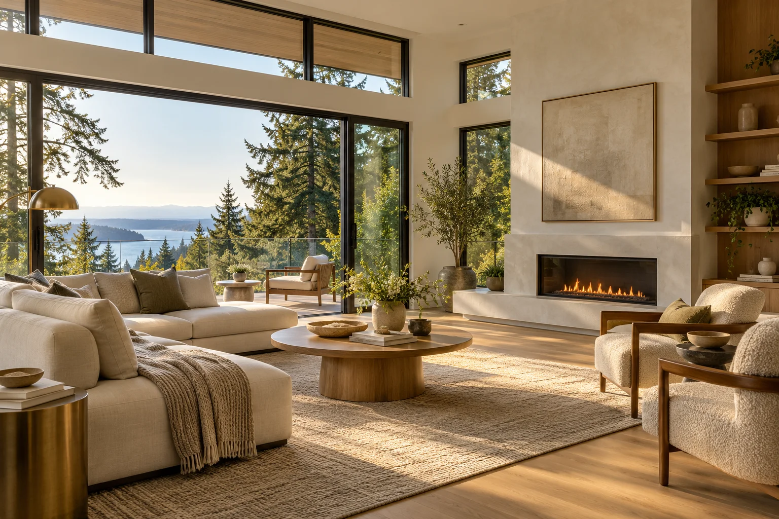 Warm living room overlooking an evergreen landscape