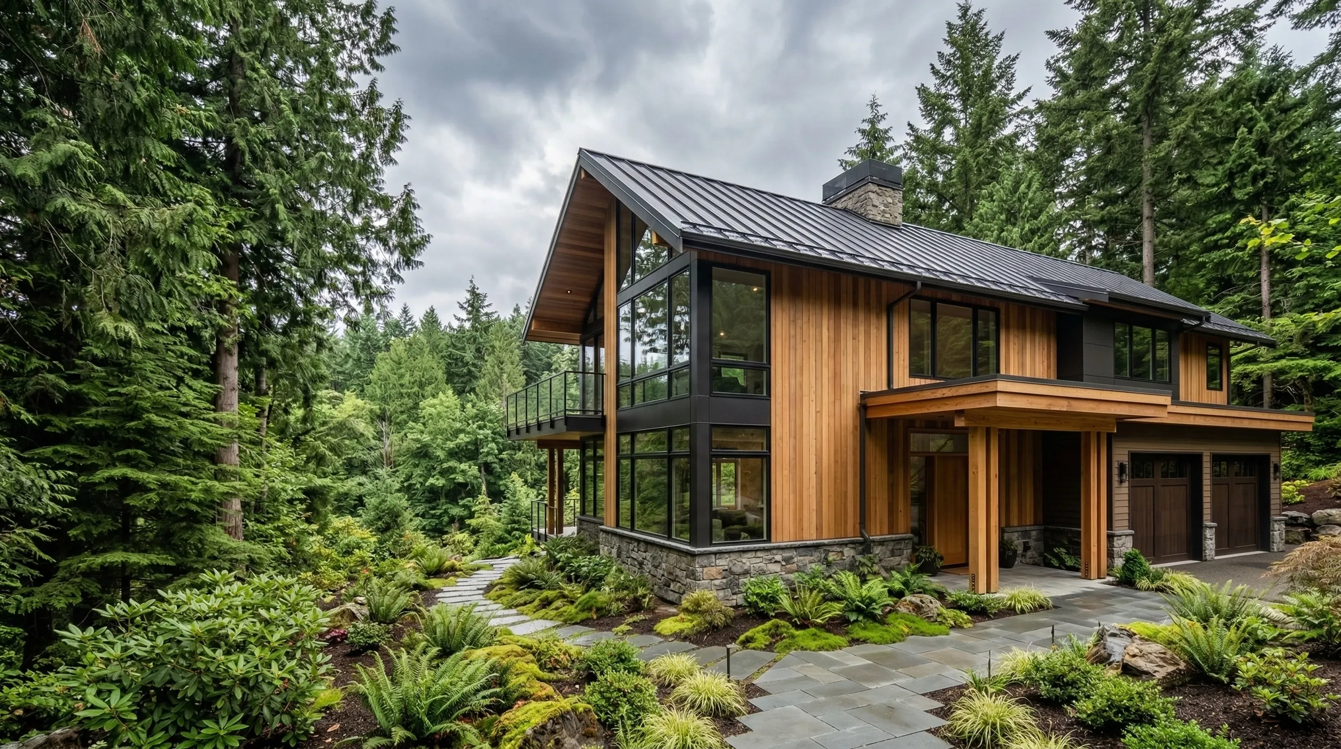 Northwest-style home surrounded by evergreen trees